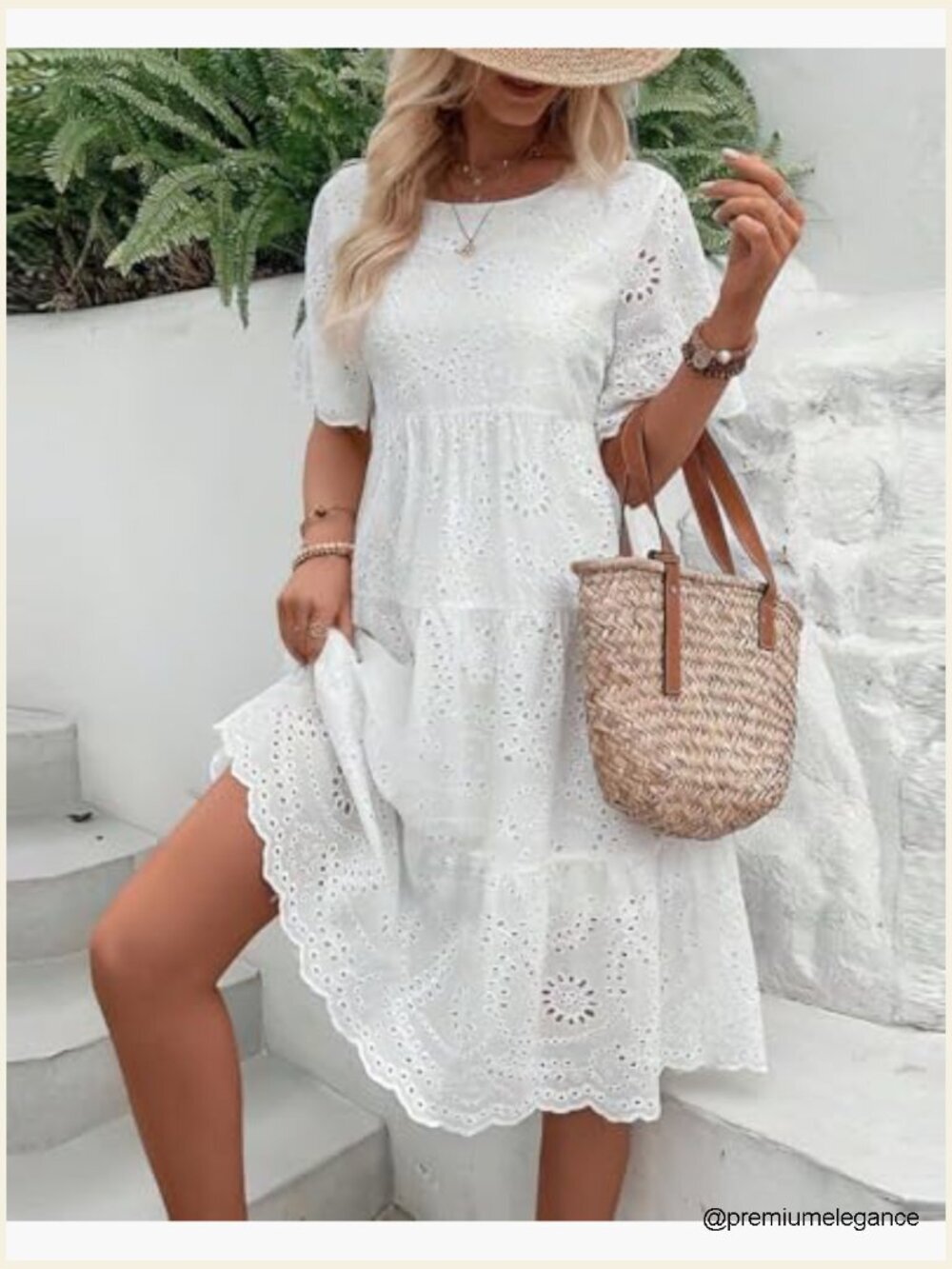 Lace Eyelet Short Sleeve Tiered Midi Dress Ruffle Hem Babydoll Style - Picture 4 of 6